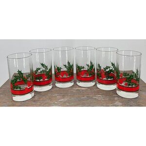 6 Vintage Libbey Holly & Berries Christmas Tumblers Blown Glass 5oz Green Red